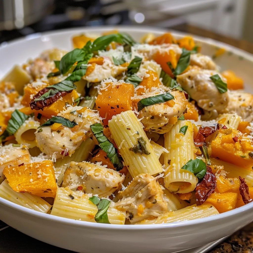 ['Close-up view of roasted butternut squash and sun-dried tomato chicken pasta in a bowl, showcasing vibrant colors.', 'Side angle of a plate filled with creamy pasta, featuring chunks of butternut squash and chicken, garnished with fresh basil.', 'A delicious serving of roasted butternut squash chicken pasta, highlighting the textures of ingredients and rich cream sauce.', 'Detailed shot of sun-dried tomato chicken pasta with roasted butternut squash, emphasizing the appealing colors and presentation.']