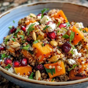 ['Close-up of a vibrant Roasted Butternut Squash Quinoa Salad featuring bright orange squash and colorful toppings.', 'Top-down view of a hearty quinoa salad with roasted butternut squash, pomegranate seeds, and pumpkin seeds.', 'A side view of a delicious salad composed of quinoa, roasted squash, cranberries, and feta cheese.', 'Textured close-up of colorful ingredients in Roasted Butternut Squash Quinoa Salad, showcasing the layers of flavor.']