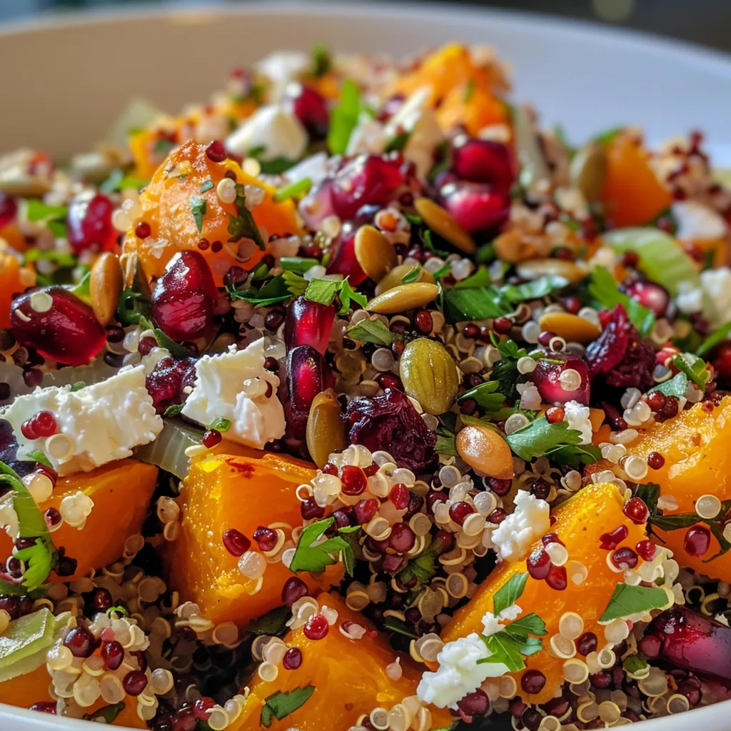 ['Close-up of a vibrant Roasted Butternut Squash Quinoa Salad featuring bright orange squash and colorful toppings.', 'Top-down view of a hearty quinoa salad with roasted butternut squash, pomegranate seeds, and pumpkin seeds.', 'A side view of a delicious salad composed of quinoa, roasted squash, cranberries, and feta cheese.', 'Textured close-up of colorful ingredients in Roasted Butternut Squash Quinoa Salad, showcasing the layers of flavor.']