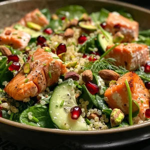 ['Close-up view of a colorful quinoa and salmon salad with vibrant toppings.', 'Delicious quinoa salad featuring salmon, spinach, and pomegranate seeds from a side angle.', 'Juicy quinoa and salmon salad adorned with chives and pistachios, captured in detail.', 'Fresh quinoa salad showcasing salmon, cucumber, and creamy dressing in a close-up shot.']