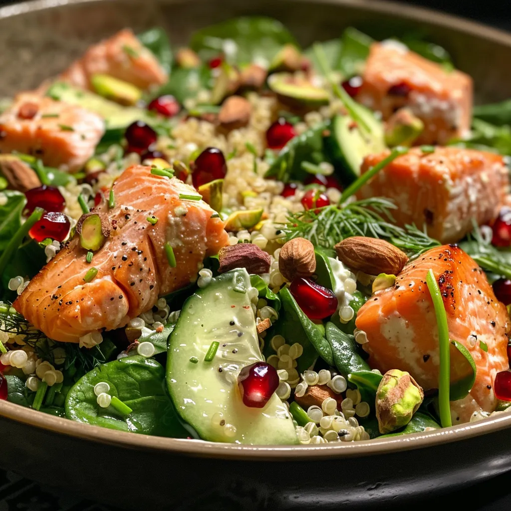 ['Close-up view of a colorful quinoa and salmon salad with vibrant toppings.', 'Delicious quinoa salad featuring salmon, spinach, and pomegranate seeds from a side angle.', 'Juicy quinoa and salmon salad adorned with chives and pistachios, captured in detail.', 'Fresh quinoa salad showcasing salmon, cucumber, and creamy dressing in a close-up shot.']