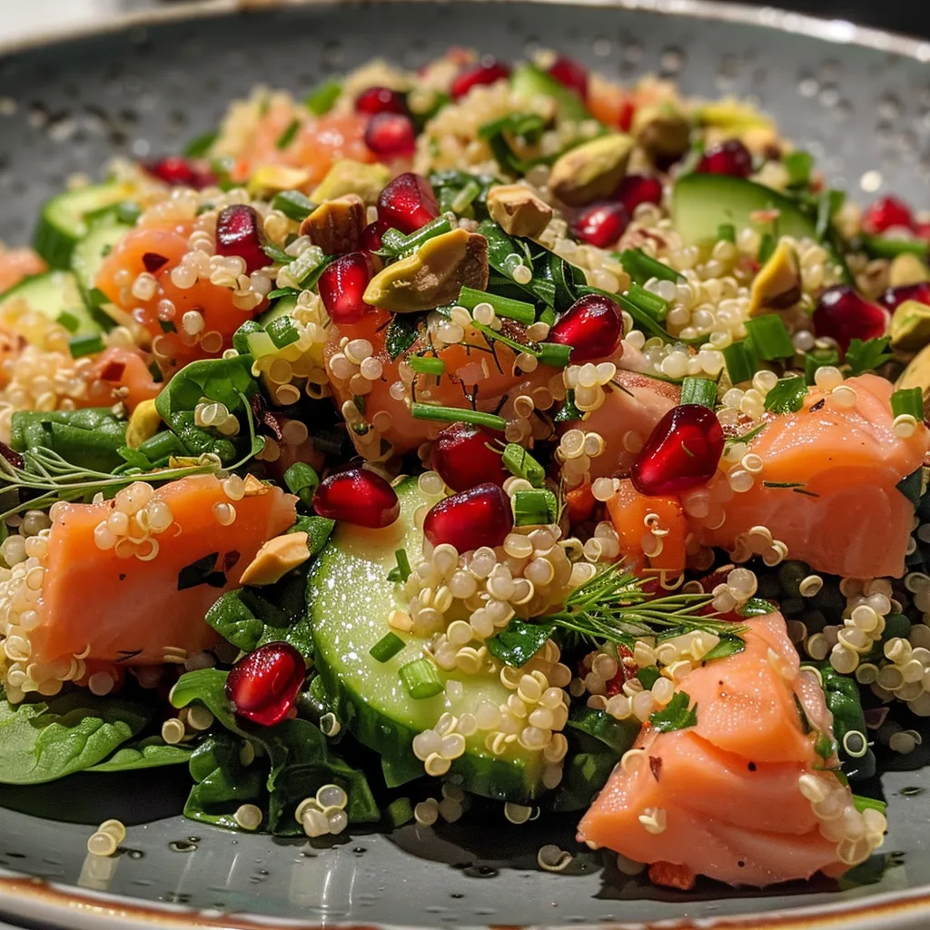 ['Close-up view of a colorful quinoa and salmon salad with vibrant toppings.', 'Delicious quinoa salad featuring salmon, spinach, and pomegranate seeds from a side angle.', 'Juicy quinoa and salmon salad adorned with chives and pistachios, captured in detail.', 'Fresh quinoa salad showcasing salmon, cucumber, and creamy dressing in a close-up shot.']