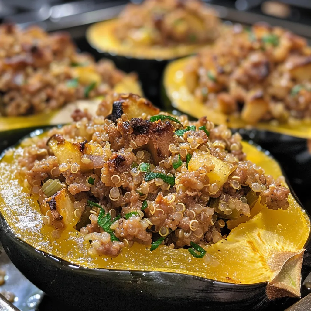 ['A side view of a juicy Ground Turkey Stuffed Acorn Squash, showcasing its colorful filling.', 'Close-up of an acorn squash halved and filled with savory ground turkey and quinoa mixture.', 'Detailed image of Ground Turkey Stuffed Acorn Squash, highlighting the rich textures of the stuffing.', 'Vibrant acorn squash stuffed with ground turkey, herbs, and apple, seen from the side.']