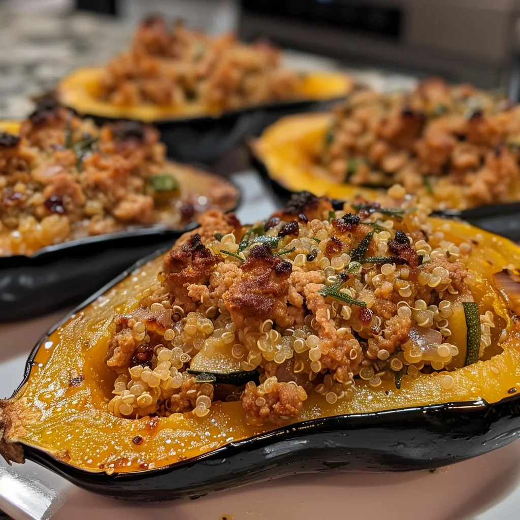 ['A side view of a juicy Ground Turkey Stuffed Acorn Squash, showcasing its colorful filling.', 'Close-up of an acorn squash halved and filled with savory ground turkey and quinoa mixture.', 'Detailed image of Ground Turkey Stuffed Acorn Squash, highlighting the rich textures of the stuffing.', 'Vibrant acorn squash stuffed with ground turkey, herbs, and apple, seen from the side.']