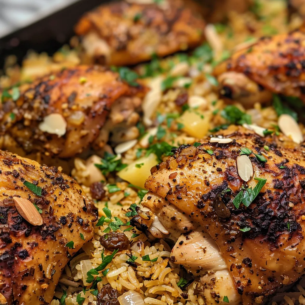 ['Close-up view of spiced chicken and rice dish with apples and raisins.', 'Juicy chicken thighs served on a bed of rice with diced apples and raisins.', 'Side perspective of a flavorful chicken and rice meal garnished with parsley.', 'Basmati rice topped with spiced chicken, raisins, and apple chunks.']