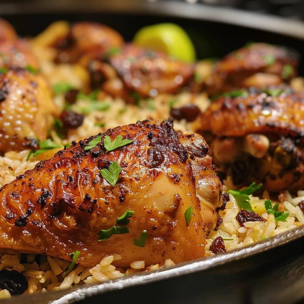 ['Close-up view of spiced chicken and rice dish with apples and raisins.', 'Juicy chicken thighs served on a bed of rice with diced apples and raisins.', 'Side perspective of a flavorful chicken and rice meal garnished with parsley.', 'Basmati rice topped with spiced chicken, raisins, and apple chunks.']