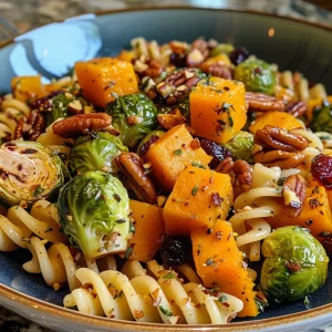['Close-up view of vibrant Butternut Squash Pasta Salad with green Brussels sprouts and colorful cranberries.', 'Side view of a colorful pasta salad featuring butternut squash, Brussels sprouts, pecans, and cranberries.', 'Juicy butternut squash pasta salad with halved Brussels sprouts and a sprinkle of pecans, captured in detail.', 'Fresh, vibrant Butternut Squash Pasta Salad showcasing a variety of ingredients including Brussels sprouts and cranberries.']