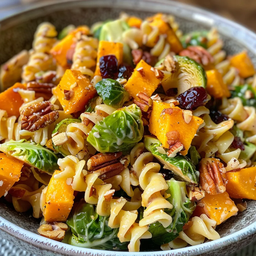 ['Close-up view of vibrant Butternut Squash Pasta Salad with green Brussels sprouts and colorful cranberries.', 'Side view of a colorful pasta salad featuring butternut squash, Brussels sprouts, pecans, and cranberries.', 'Juicy butternut squash pasta salad with halved Brussels sprouts and a sprinkle of pecans, captured in detail.', 'Fresh, vibrant Butternut Squash Pasta Salad showcasing a variety of ingredients including Brussels sprouts and cranberries.']