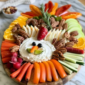 ['Close-up view of a Thanksgiving turkey veggie tray with colorful vegetables and a dip.', 'Side angle of a creative veggie tray shaped like a turkey, featuring various raw vegetables and a dip.', 'Thanksgiving-themed vegetable platter designed as a turkey, complete with candy eyes and veggie wings.', 'Detailed image of a turkey-shaped vegetable arrangement on a round platter with a selection of dips.']