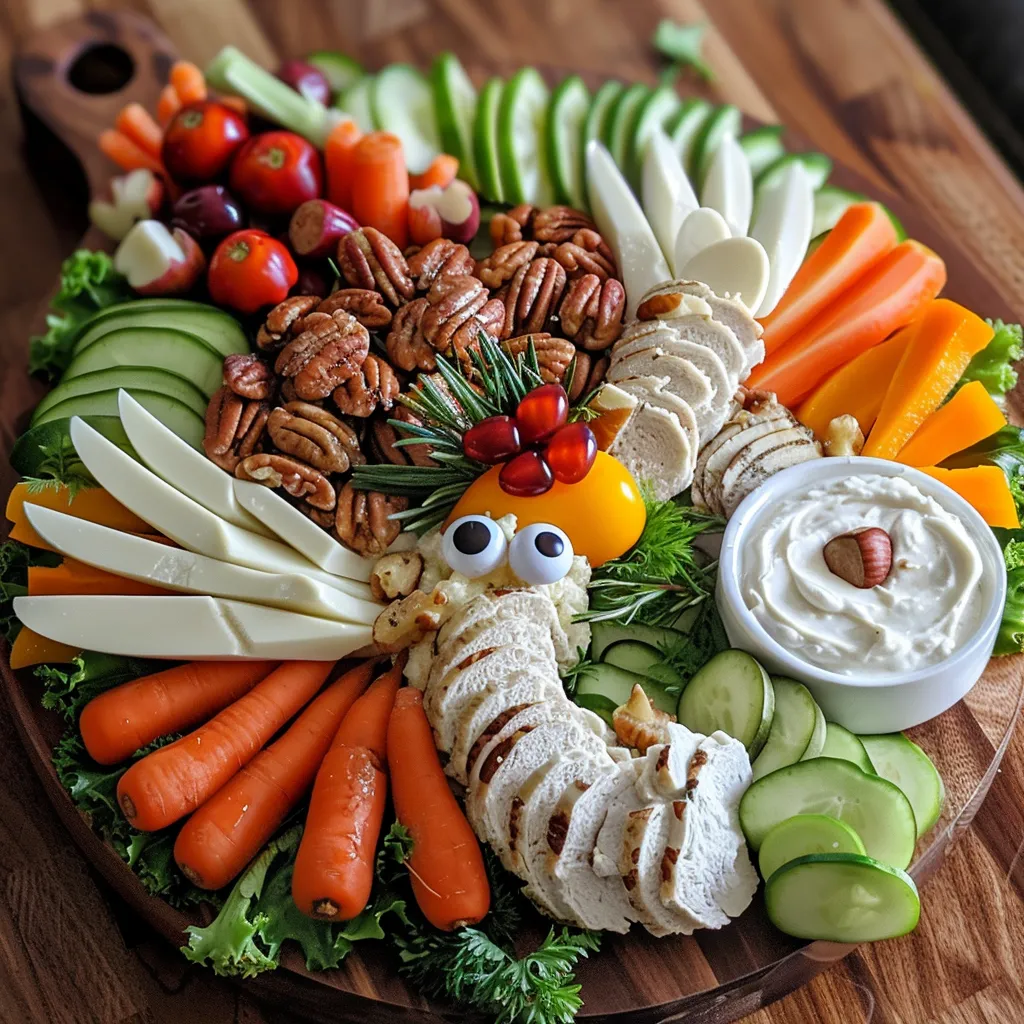 ['Close-up view of a Thanksgiving turkey veggie tray with colorful vegetables and a dip.', 'Side angle of a creative veggie tray shaped like a turkey, featuring various raw vegetables and a dip.', 'Thanksgiving-themed vegetable platter designed as a turkey, complete with candy eyes and veggie wings.', 'Detailed image of a turkey-shaped vegetable arrangement on a round platter with a selection of dips.']