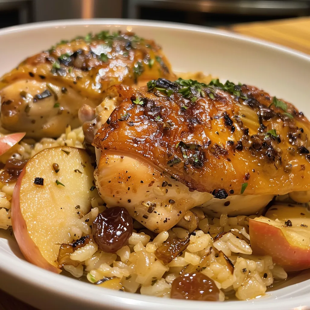 ['Juicy chicken with apple and rice, featuring vibrant colors and textures.', 'Close-up view of a plate of chicken with chunks of apple and rice on a rustic table.', 'Side view of a delicious chicken dish accompanied by apple pieces and seasoned rice.', 'Succulent chicken breast served with chopped apples and fluffy rice in a bright setting.']