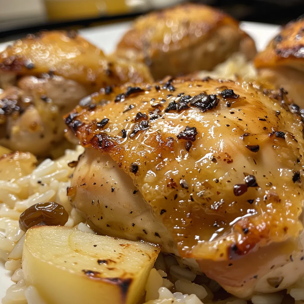 ['Juicy chicken with apple and rice, featuring vibrant colors and textures.', 'Close-up view of a plate of chicken with chunks of apple and rice on a rustic table.', 'Side view of a delicious chicken dish accompanied by apple pieces and seasoned rice.', 'Succulent chicken breast served with chopped apples and fluffy rice in a bright setting.']