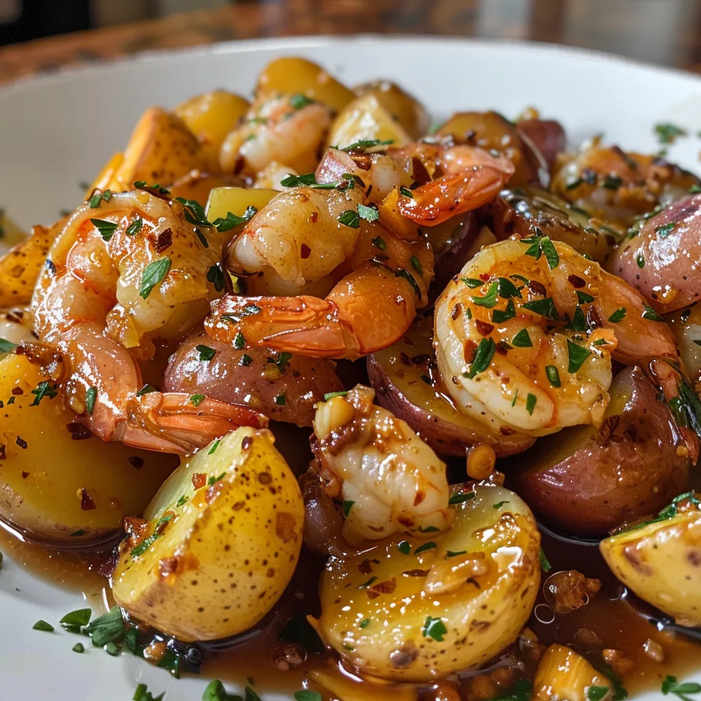 ['Close-up view of honey mustard shrimp and potatoes on a plate, showcasing the juicy shrimp and halved baby potatoes.', 'Side view of a delicious serving of honey mustard shrimp with drizzled sauce, accompanied by creamy baby potatoes.', 'Vibrant dish featuring honey mustard shrimp alongside golden halved potatoes, garnished with garlic and spices.', 'A mouthwatering close-up of shrimp glazed in honey mustard sauce, served with tender baby potatoes.']