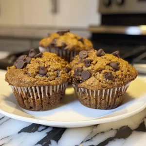 ['Close-up view of moist Banana Pumpkin Chocolate Chip Muffins with chocolate chips on top.', 'Side view of fresh Banana Pumpkin Chocolate Chip Muffins showing a golden-brown crust.', 'Juicy Banana Pumpkin Chocolate Chip Muffins displayed with melted chocolate chips on the surface.', 'Deliciously baked Banana Pumpkin Chocolate Chip Muffins showcasing their fluffy texture.']