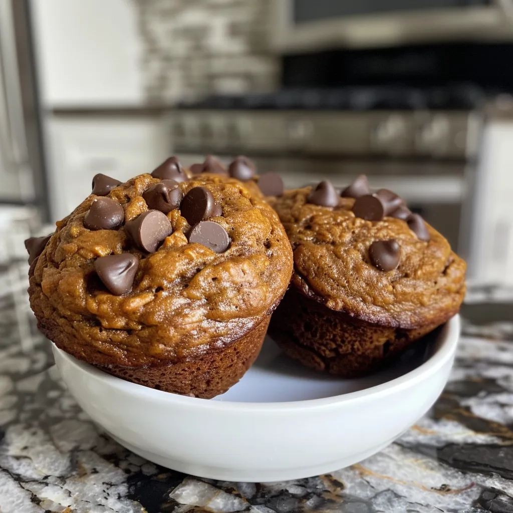 ['Close-up view of moist Banana Pumpkin Chocolate Chip Muffins with chocolate chips on top.', 'Side view of fresh Banana Pumpkin Chocolate Chip Muffins showing a golden-brown crust.', 'Juicy Banana Pumpkin Chocolate Chip Muffins displayed with melted chocolate chips on the surface.', 'Deliciously baked Banana Pumpkin Chocolate Chip Muffins showcasing their fluffy texture.']