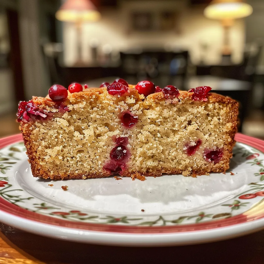 ['Close-up view of a slice of orange cranberry bread with visible cranberries and orange zest.', 'Side profile of freshly baked orange cranberry bread highlighting its golden crust and soft texture.', 'Juicy slice of orange cranberry bread showing moist crumb and vibrant cranberries, captured in natural light.', 'Detailed side view of orange cranberry bread revealing its tender interior and zesty orange flavor.']