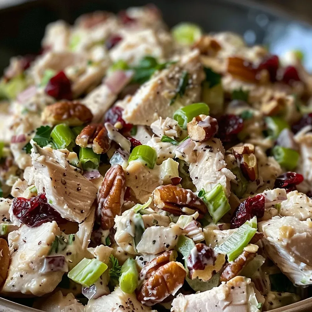 ['Close-up view of a colorful turkey salad featuring diced turkey and a variety of ingredients.', 'Side view of an Ultimate Turkey Salad with chunks of turkey, green onions, and cranberries.', 'Detailed shot of a turkey salad showcasing creamy dressing and fresh vegetables.', 'Juicy turkey salad prepared with nuts and herbs, displayed in a bowl.']