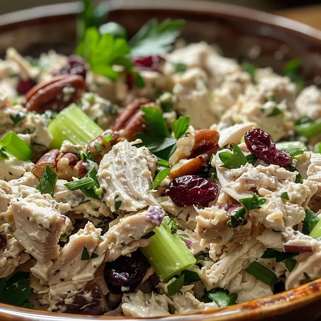 ['Close-up view of a colorful turkey salad featuring diced turkey and a variety of ingredients.', 'Side view of an Ultimate Turkey Salad with chunks of turkey, green onions, and cranberries.', 'Detailed shot of a turkey salad showcasing creamy dressing and fresh vegetables.', 'Juicy turkey salad prepared with nuts and herbs, displayed in a bowl.']
