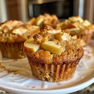 ['Close-up side view of fresh vegan apple muffins with a golden-brown crust.', 'Juicy vegan apple muffins displayed with visible apple chunks and a light dusting of cinnamon.', 'A detail shot of vegan apple muffins, showcasing their fluffy texture and apple pieces.', 'Side profile of moist vegan apple muffins, highlighting their inviting texture and color.']