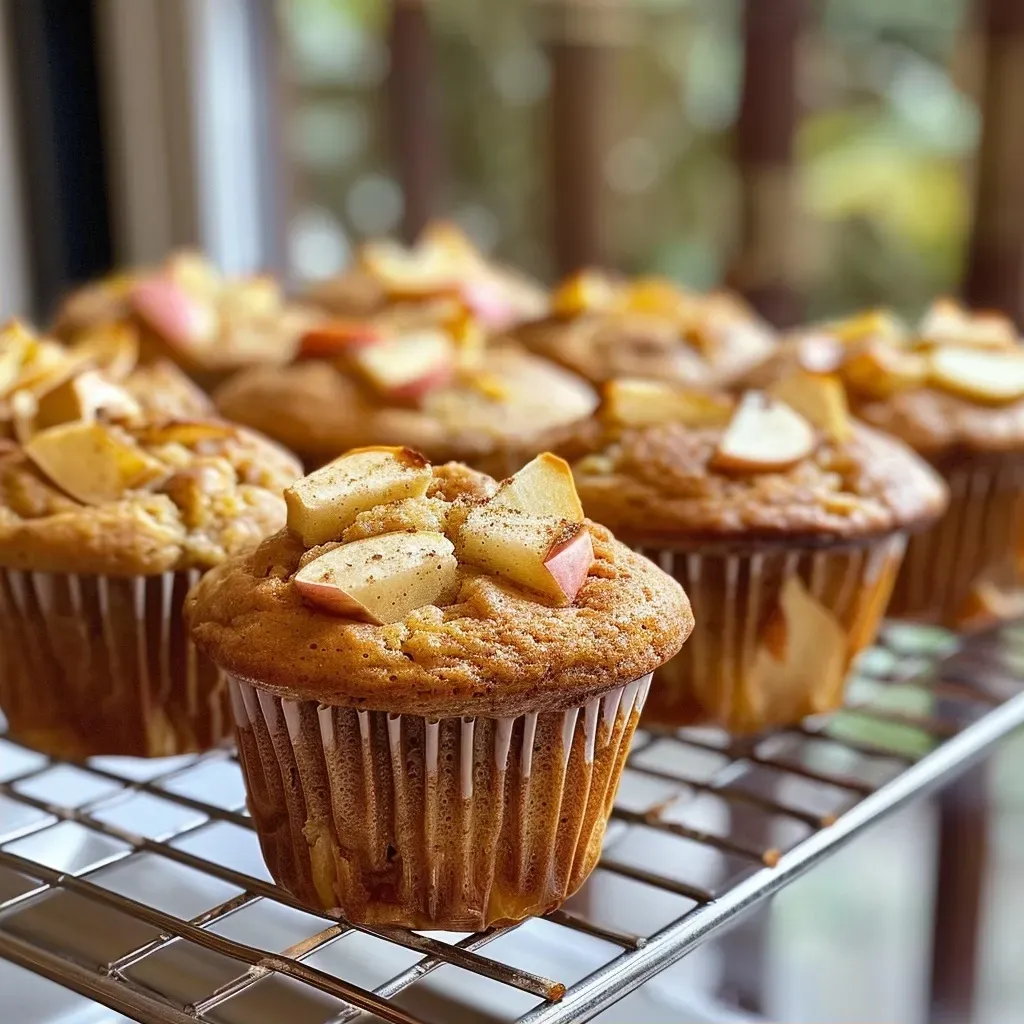 ['Close-up side view of fresh vegan apple muffins with a golden-brown crust.', 'Juicy vegan apple muffins displayed with visible apple chunks and a light dusting of cinnamon.', 'A detail shot of vegan apple muffins, showcasing their fluffy texture and apple pieces.', 'Side profile of moist vegan apple muffins, highlighting their inviting texture and color.']