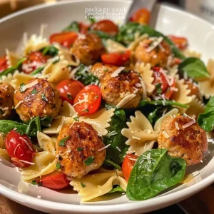 ['Close-up of a warm pasta salad featuring chicken meatballs, spinach, cherry tomatoes, and mozzarella.', 'Side view of a delicious pasta salad with juicy chicken meatballs and fresh ingredients.', 'A vibrant bowl of warm pasta salad with cooked bow-tie pasta, chicken meatballs, and colorful vegetables.', 'Close-up shot of a savory dish showcasing warm pasta salad with chicken meatballs and fresh greens.']