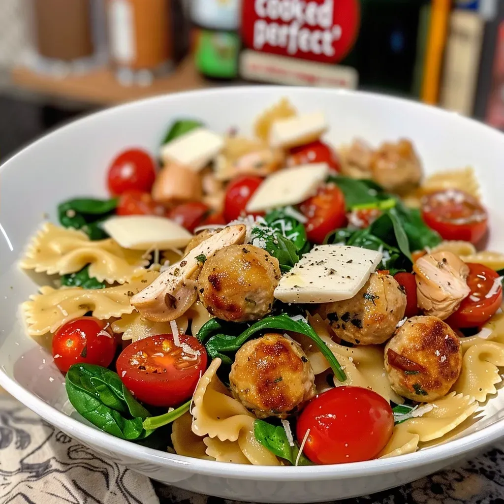 ['Close-up of a warm pasta salad featuring chicken meatballs, spinach, cherry tomatoes, and mozzarella.', 'Side view of a delicious pasta salad with juicy chicken meatballs and fresh ingredients.', 'A vibrant bowl of warm pasta salad with cooked bow-tie pasta, chicken meatballs, and colorful vegetables.', 'Close-up shot of a savory dish showcasing warm pasta salad with chicken meatballs and fresh greens.']