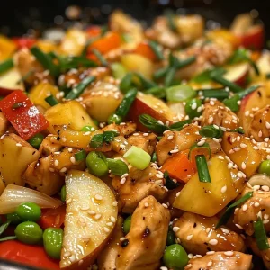 ['Close-up of a colorful stir-fry featuring chicken, apples, bell peppers, and snap peas.', 'Side view of a plate with chicken and Washington apples stir-fried with vegetables.', 'Juicy chicken slices and fresh apples stir-fried with onions and bell peppers.', 'A vibrant dish of apple and chicken stir-fry garnished with green onions and sesame seeds.']
