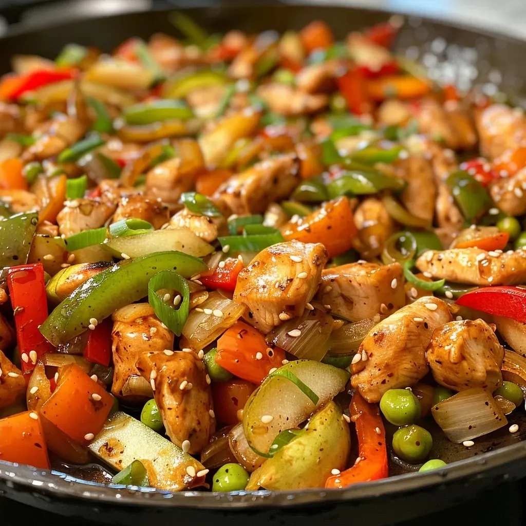 ['Close-up of a colorful stir-fry featuring chicken, apples, bell peppers, and snap peas.', 'Side view of a plate with chicken and Washington apples stir-fried with vegetables.', 'Juicy chicken slices and fresh apples stir-fried with onions and bell peppers.', 'A vibrant dish of apple and chicken stir-fry garnished with green onions and sesame seeds.']