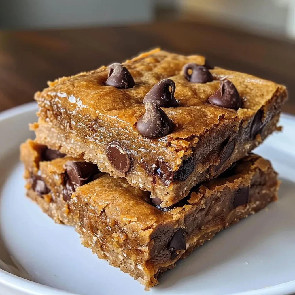 ['Close-up side view of moist banana blondies with chocolate chips.', 'Tasty 4-ingredient banana blondies displayed on a plate, showing a soft texture.', 'Golden-brown banana blondies highlighted, showcasing their chewy consistency.', 'Freshly baked banana blondies topped with chocolate chips, presented in a natural light.']