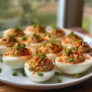 ['Close-up image of Achaari Deviled Eggs with a creamy filling and garnished with scallions.', 'Side view shot of a plate of Achaari Deviled Eggs, showcasing the vibrant colors and textures.', 'Detailed view of Achaari Deviled Eggs, highlighting the rich filling and spices.', 'Juicy Achaari Deviled Eggs presented on a dish, emphasizing the gourmet presentation.']