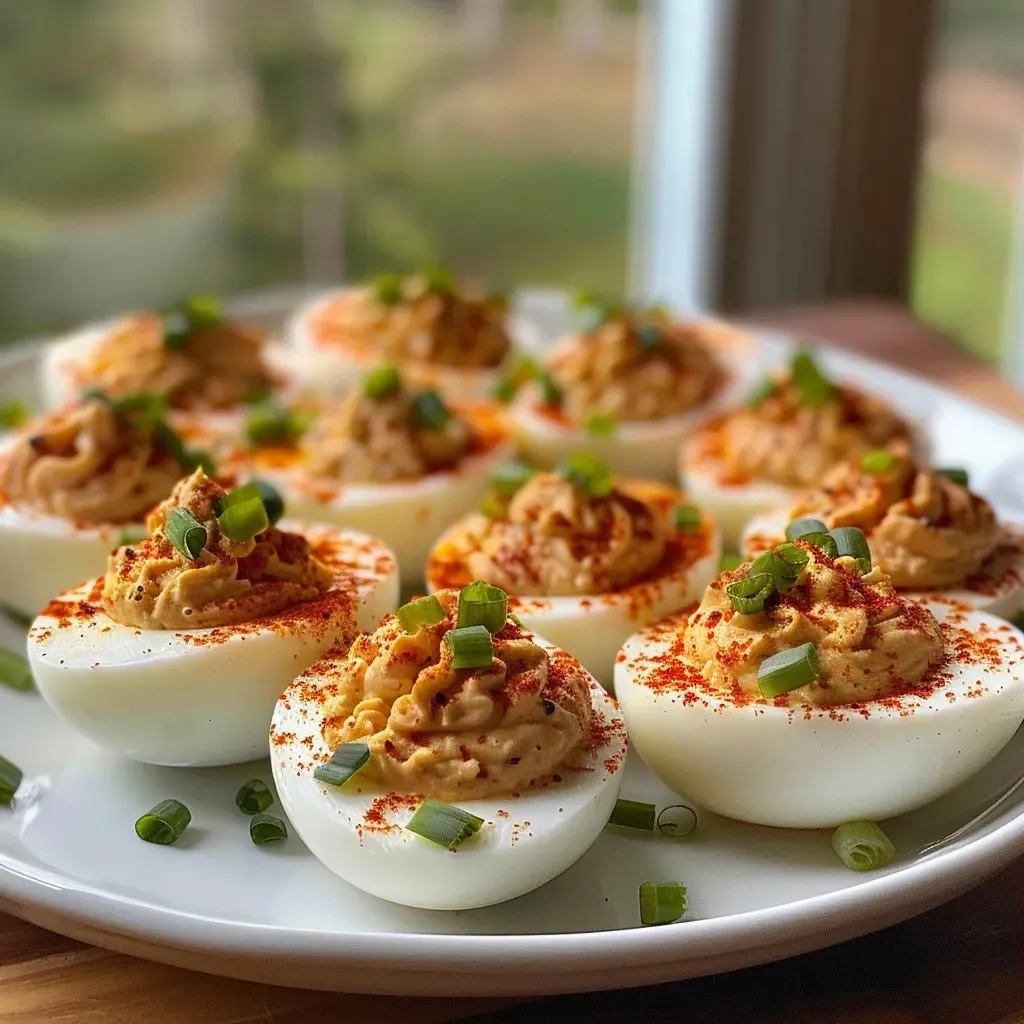 ['Close-up image of Achaari Deviled Eggs with a creamy filling and garnished with scallions.', 'Side view shot of a plate of Achaari Deviled Eggs, showcasing the vibrant colors and textures.', 'Detailed view of Achaari Deviled Eggs, highlighting the rich filling and spices.', 'Juicy Achaari Deviled Eggs presented on a dish, emphasizing the gourmet presentation.']
