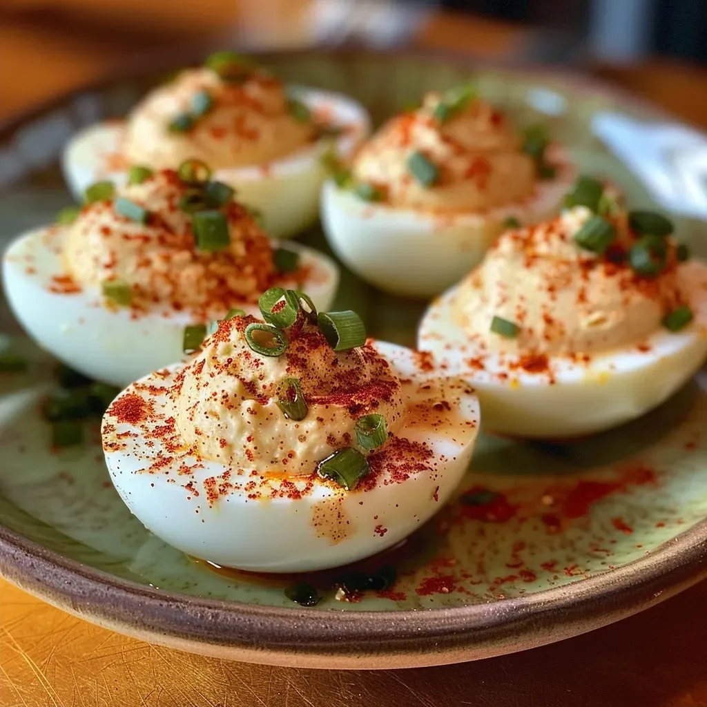 ['Close-up image of Achaari Deviled Eggs with a creamy filling and garnished with scallions.', 'Side view shot of a plate of Achaari Deviled Eggs, showcasing the vibrant colors and textures.', 'Detailed view of Achaari Deviled Eggs, highlighting the rich filling and spices.', 'Juicy Achaari Deviled Eggs presented on a dish, emphasizing the gourmet presentation.']