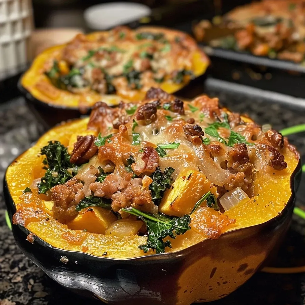 ['Juicy Acorn Squash Pot Pie with a golden-brown puff pastry crust, cut in half to reveal a savory filling.', 'Close-up view of an Acorn Squash Pot Pie, showcasing its flaky crust and colorful vegetable filling.', 'A side view of a baked Acorn Squash Pot Pie, highlighting the rich textures of the pastry and ingredients.', 'Half an Acorn Squash Pot Pie displayed on a plate, filled with a mix of sausage, kale, and cranberries.']