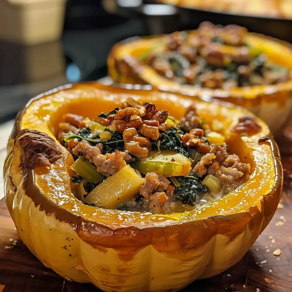 ['Juicy Acorn Squash Pot Pie with a golden-brown puff pastry crust, cut in half to reveal a savory filling.', 'Close-up view of an Acorn Squash Pot Pie, showcasing its flaky crust and colorful vegetable filling.', 'A side view of a baked Acorn Squash Pot Pie, highlighting the rich textures of the pastry and ingredients.', 'Half an Acorn Squash Pot Pie displayed on a plate, filled with a mix of sausage, kale, and cranberries.']