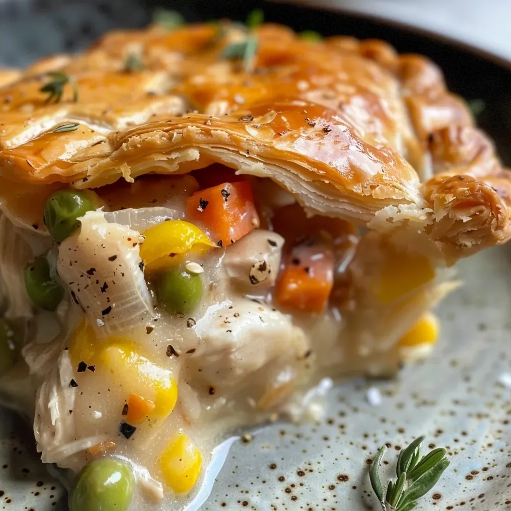['Close-up view of a golden-brown air fryer chicken pot pie, showcasing flaky crust and visible filling.', 'Side view of a succulent chicken pot pie cooked in an air fryer with steam rising from the top.', 'Detailed image of an air fried chicken pot pie, highlighting its crispy texture and hearty filling.', 'Juicy chicken pot pie from an air fryer, captured with a focus on the crust and ingredients peeking through.']