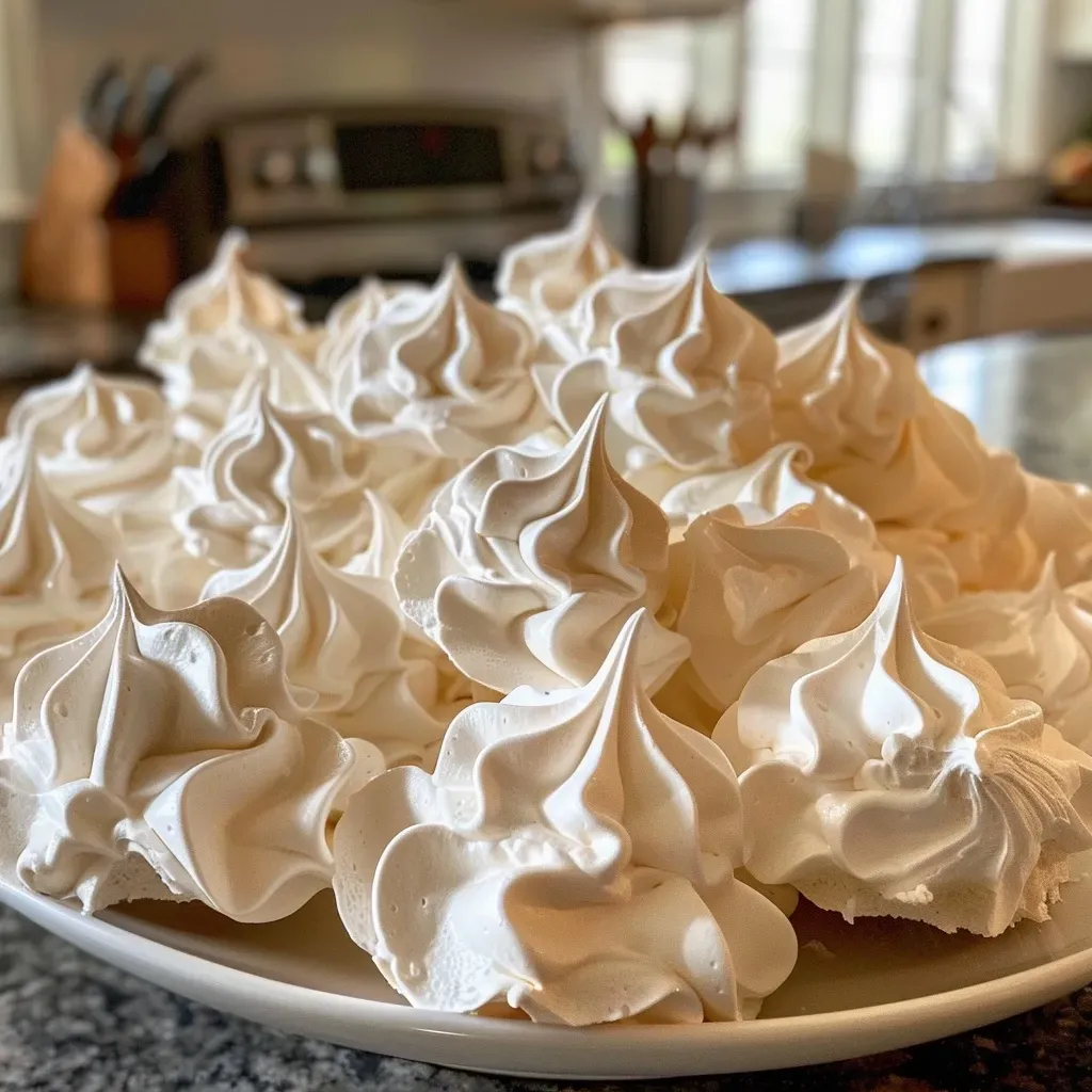 ['Close-up of meringue cookies baked in an air fryer, showcasing a golden-brown crispy exterior.', 'Side view of delicious air fryer meringue cookies, highlighting their light and airy texture.', 'Juicy meringue cookies made in an air fryer, with a smooth surface and a delicate shine.', 'A collection of airy meringue cookies, perfectly browned and arranged on a white plate.']