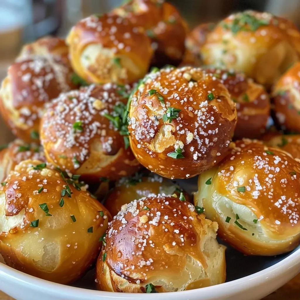['Close-up of golden-brown air fryer pretzel bites on a plate.', 'Side view of fluffy pretzel bites, lightly salted, arranged on a wooden board.', 'Juicy, freshly made air fryer pretzel bites with a glossy finish and pretzel salt.', 'Tasty pretzel bites displayed with warm, melted butter nearby for dipping.']