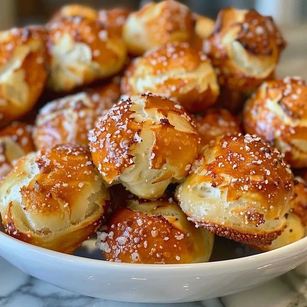 ['Close-up of golden-brown air fryer pretzel bites on a plate.', 'Side view of fluffy pretzel bites, lightly salted, arranged on a wooden board.', 'Juicy, freshly made air fryer pretzel bites with a glossy finish and pretzel salt.', 'Tasty pretzel bites displayed with warm, melted butter nearby for dipping.']