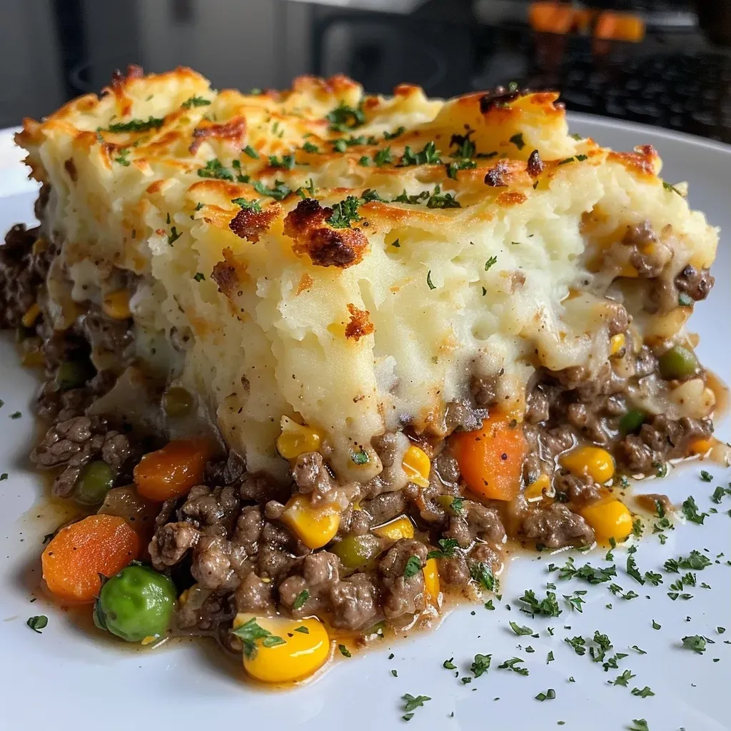 ["Close-up side view of a golden-brown Air Fryer Shepherd's Pie, showcasing a creamy mashed potato topping.", "A detailed side shot of a delicious Air Fryer Shepherd's Pie, highlighting the flaky crust and colorful filling.", "Juicy Air Fryer Shepherd's Pie with a velvety potato layer and visible ground beef filling, garnished with parsley.", "Side view of a hearty Air Fryer Shepherd's Pie, emphasizing the texture of the mashed potatoes and savory filling."]