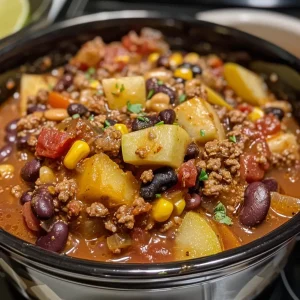 ['Close-up view of a bowl of Apple Harvest Chili with visible ingredients like apples and beans.', 'Side view of a hearty bowl of colorful Apple Harvest Chili, showcasing its chunky texture.', 'A vibrant Apple Harvest Chili filled with apples, beans, and garnished with cashews.', 'Juicy Apple Harvest Chili displayed in a bowl, highlighting varied ingredients, including cranberries and hominy.']
