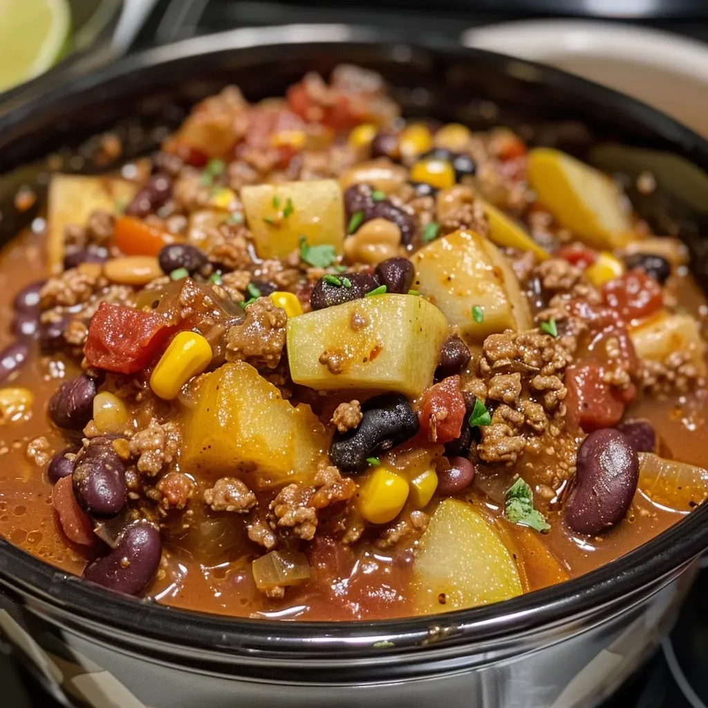 ['Close-up view of a bowl of Apple Harvest Chili with visible ingredients like apples and beans.', 'Side view of a hearty bowl of colorful Apple Harvest Chili, showcasing its chunky texture.', 'A vibrant Apple Harvest Chili filled with apples, beans, and garnished with cashews.', 'Juicy Apple Harvest Chili displayed in a bowl, highlighting varied ingredients, including cranberries and hominy.']