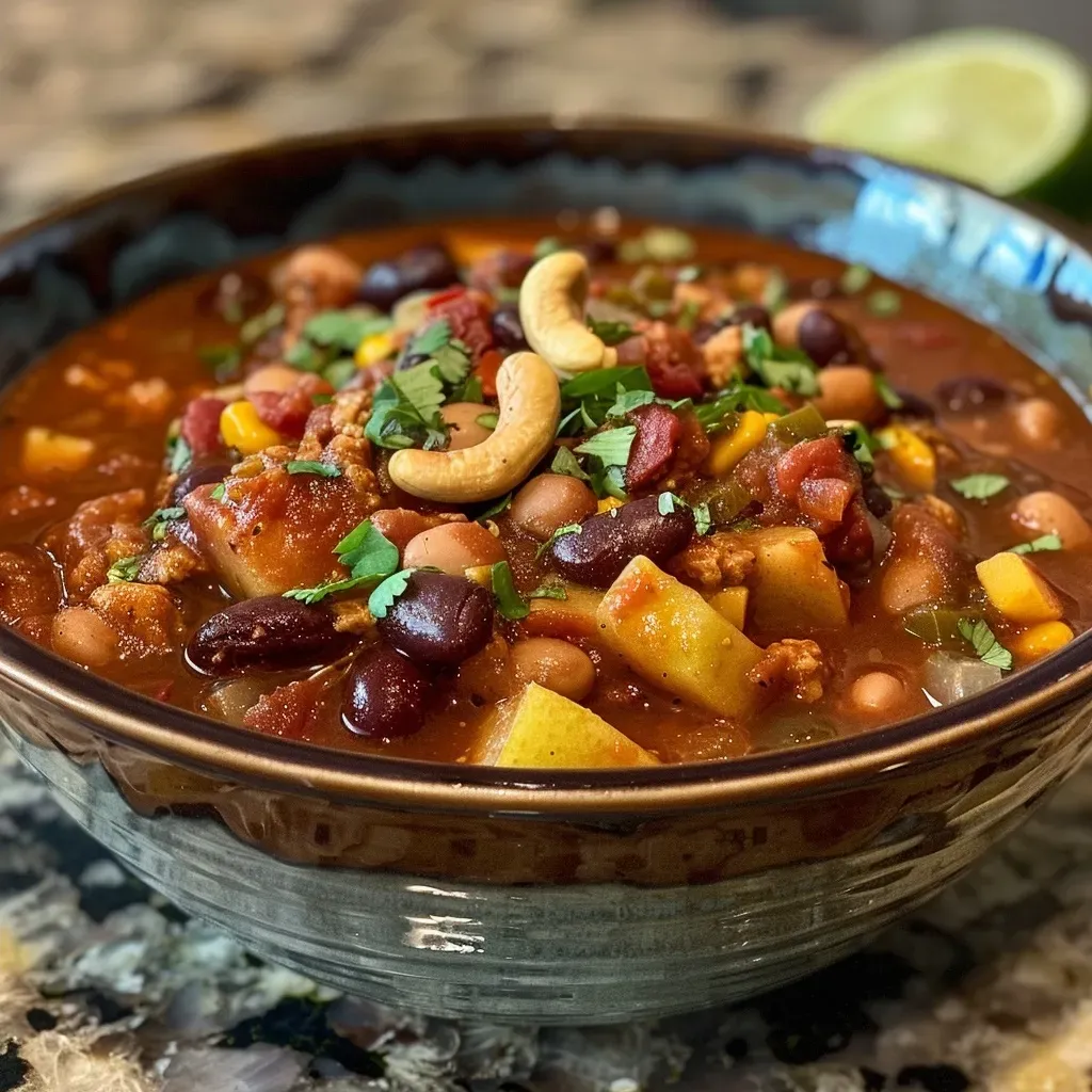 ['Close-up view of a bowl of Apple Harvest Chili with visible ingredients like apples and beans.', 'Side view of a hearty bowl of colorful Apple Harvest Chili, showcasing its chunky texture.', 'A vibrant Apple Harvest Chili filled with apples, beans, and garnished with cashews.', 'Juicy Apple Harvest Chili displayed in a bowl, highlighting varied ingredients, including cranberries and hominy.']