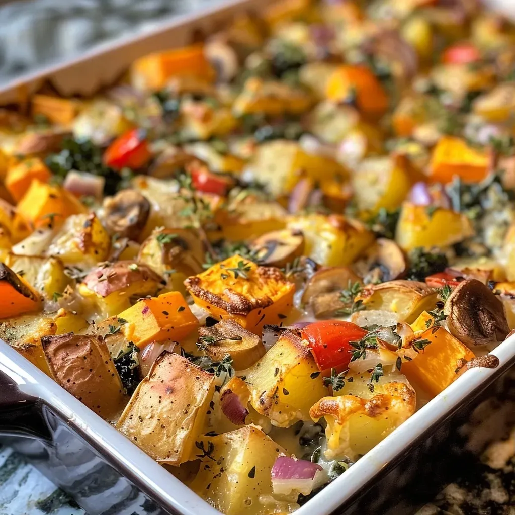 ['Close-up view of a delicious Autumn Breakfast Casserole with colorful ingredients.', 'A side view of a freshly baked breakfast casserole featuring mushrooms and peppers.', 'Juicy breakfast casserole packed with potatoes, sausage, and kale, ready to serve.', 'An enticing Autumn Breakfast Casserole with golden-brown edges and vibrant veggies.']