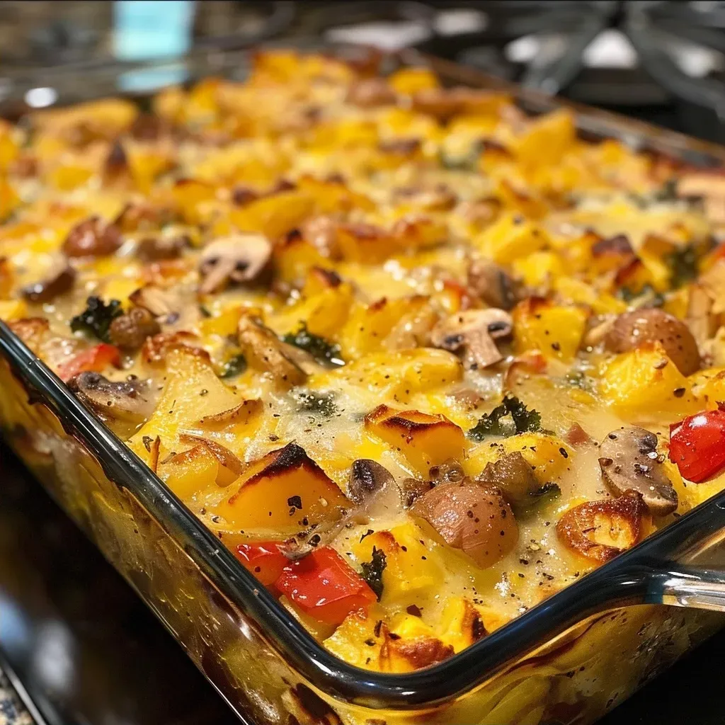 ['Close-up view of a delicious Autumn Breakfast Casserole with colorful ingredients.', 'A side view of a freshly baked breakfast casserole featuring mushrooms and peppers.', 'Juicy breakfast casserole packed with potatoes, sausage, and kale, ready to serve.', 'An enticing Autumn Breakfast Casserole with golden-brown edges and vibrant veggies.']