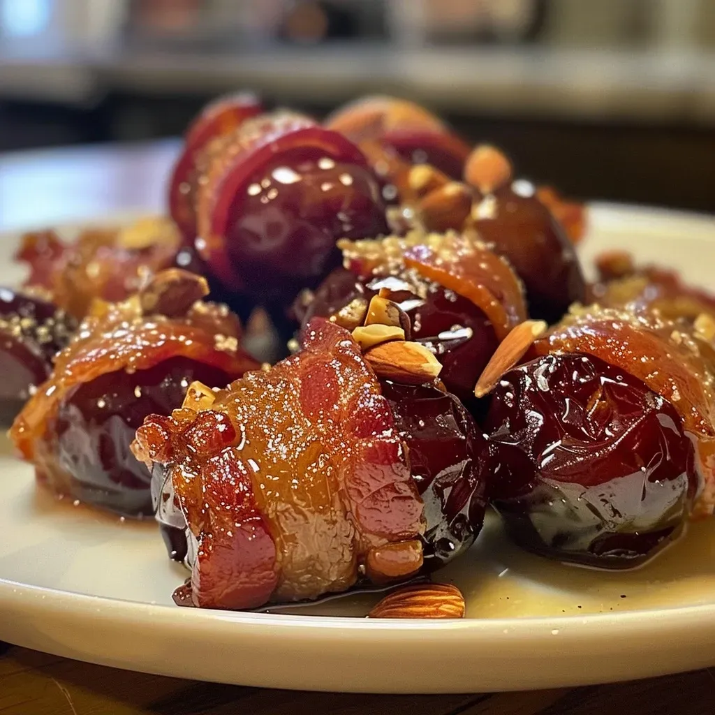 ['Close-up view of bacon-wrapped dates with a crispy exterior.', 'Juicy pitted dates wrapped in crispy bacon, displayed on a plate.', 'A side view of succulent bacon-wrapped dates, glistening with flavor.', 'Gourmet bacon-wrapped dates, showcasing their rich texture and shine.']