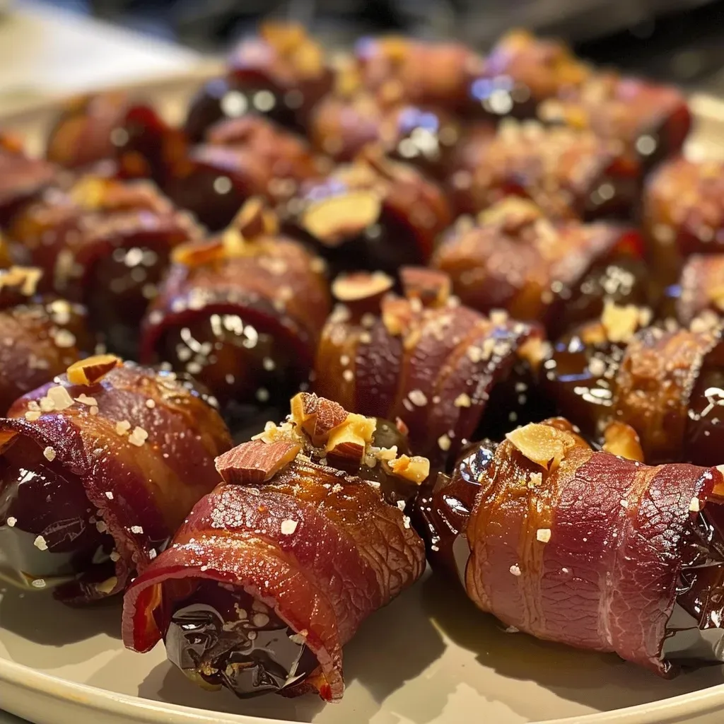 ['Close-up view of bacon-wrapped dates with a crispy exterior.', 'Juicy pitted dates wrapped in crispy bacon, displayed on a plate.', 'A side view of succulent bacon-wrapped dates, glistening with flavor.', 'Gourmet bacon-wrapped dates, showcasing their rich texture and shine.']