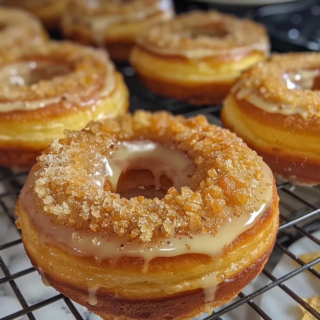 ['Close-up of a baked banana donut topped with brown butter glaze.', 'Side view of fluffy baked banana donuts with a glossy brown butter glaze.', 'Freshly baked banana donuts drizzled with rich brown butter icing.', 'Delicious banana donuts with a smooth brown butter glaze, displayed on a plate.']
