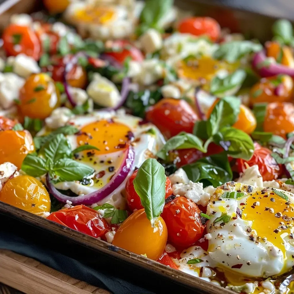 ['Close-up of baked feta eggs with cherry tomatoes and spinach.', 'Side view of a dish featuring baked feta eggs topped with red pepper flakes.', 'A colorful plate of baked feta eggs, garnished with fresh herbs.', 'Juicy baked feta eggs surrounded by diced vegetables and olive oil.']