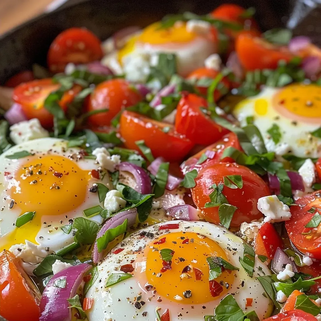 ['Close-up of baked feta eggs with cherry tomatoes and spinach.', 'Side view of a dish featuring baked feta eggs topped with red pepper flakes.', 'A colorful plate of baked feta eggs, garnished with fresh herbs.', 'Juicy baked feta eggs surrounded by diced vegetables and olive oil.']