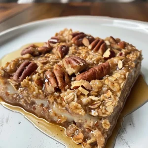 ['Close-up of baked oatmeal topped with pecan streusel, showcasing its texture and ingredients.', 'Side view of a portion of baked oatmeal with a crunchy pecan topping, presented in a bowl.', 'Delicious baked oatmeal with a golden pecan streusel crust, highlighting the oats and nuts.', 'Richly textured baked oatmeal, featuring a pecan streusel topping and served in a rustic dish.']